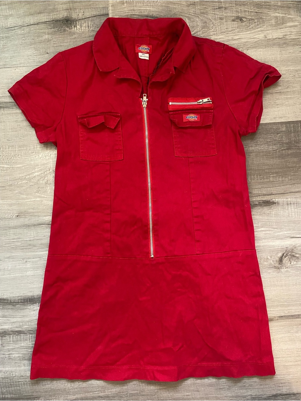 Dickies XL Red “Annie” Utility Zip-Front Short Sleeved Collared Mini Work Dress